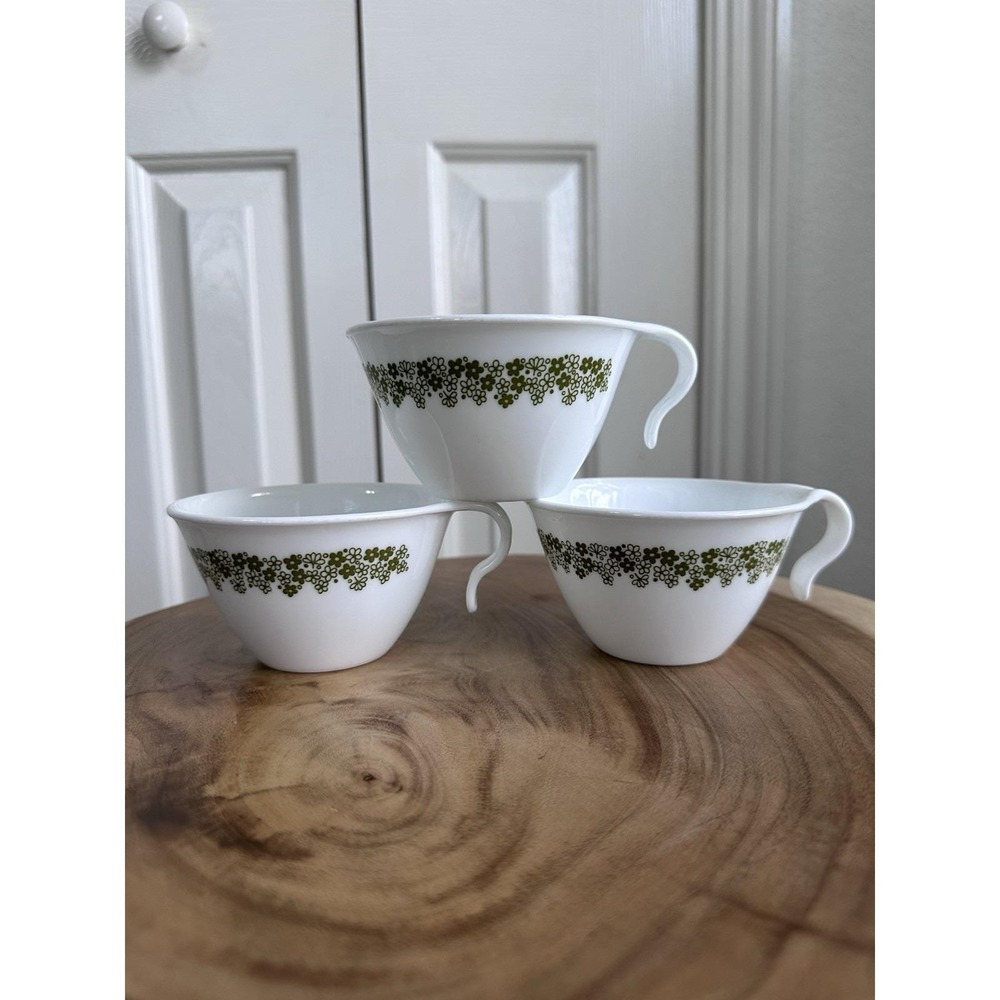 Vintage CORELLE Green Crazy Daisy SPRING BLOSSOM Coffee Cup/Mug- SET OF 3